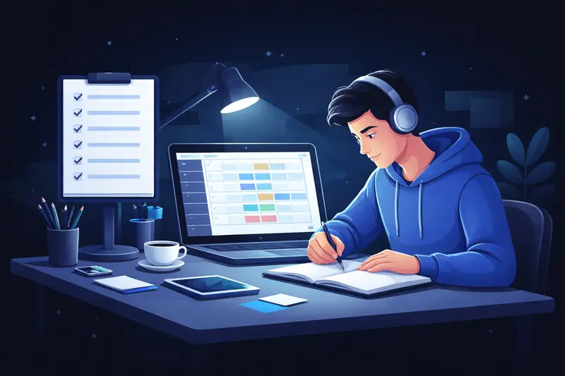 Student am Schreibtisch mit strukturiertem Lernplan und konzentrierter Arbeitsatmosphäre