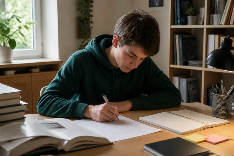 Schüler schreibt Seminararbeit am Schreibtisch mit Büchern und Notizen