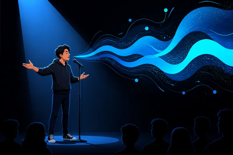 Schüler trägt Slam Poetry auf einer Bühne vor, Spotlight und Mikrofon, ausdrucksvolle Geste