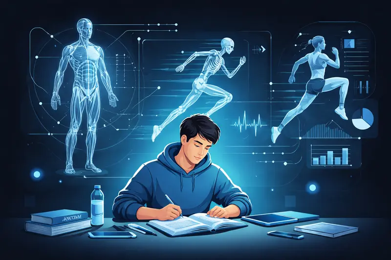 Schüler lernt Sport Theorie mit Lehrbüchern und Diagrammen zur Biomechanik