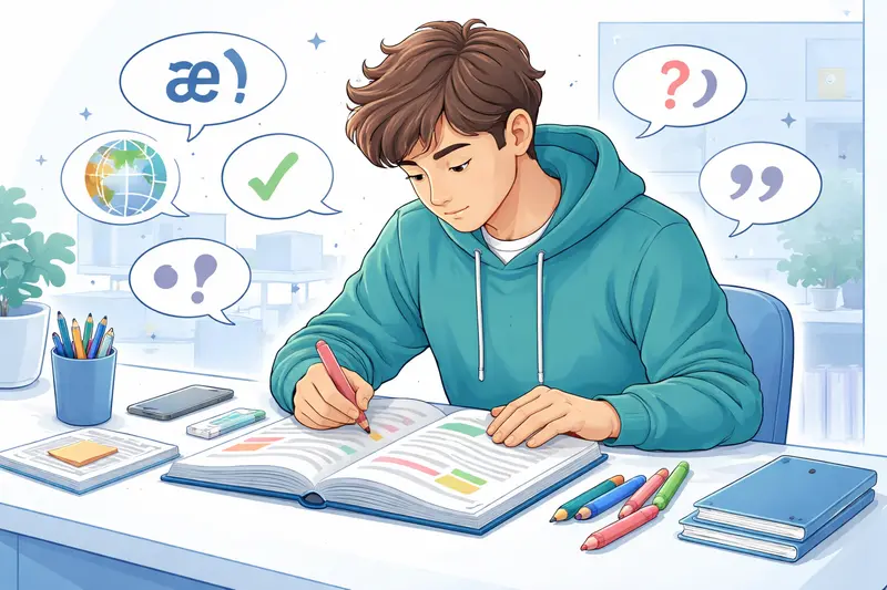 Schüler annotiert einen Text mit Markern und analysiert sprachliche Mittel