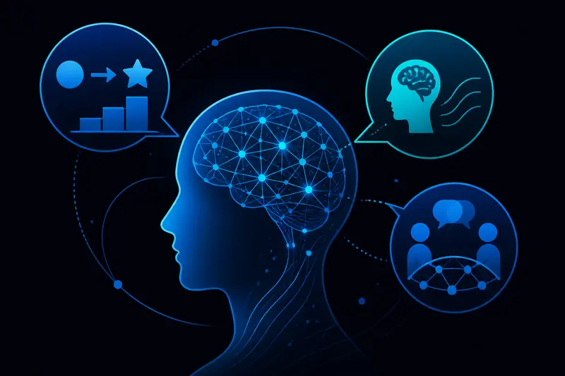 Illustration zu Spracherwerbstheorien mit stilisiertem Kopf und vernetzten Sprachsymbolen