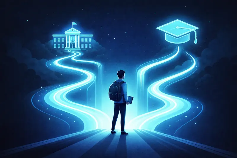 Verschiedene Wege ins Studium ohne Abitur, symbolisiert durch leuchtende Pfade