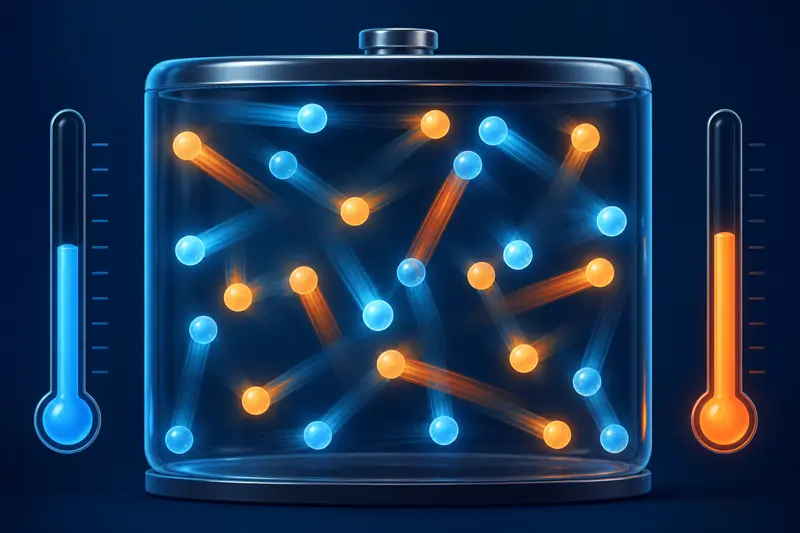 Illustration von sich bewegenden Gasteilchen in einem Behälter zur Veranschaulichung von Temperatur und kinetischer Energie