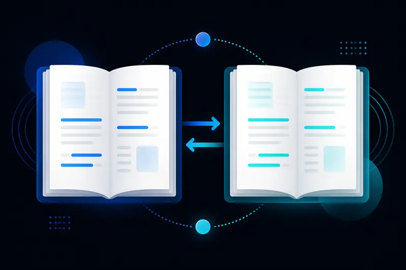 Zwei Textdokumente werden nebeneinander verglichen, symbolisiert durch Vergleichspfeile in Blau und Cyan