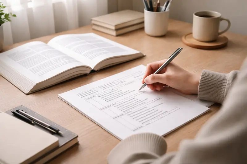 Student schreibt ein strukturiertes Thesenpapier am Schreibtisch