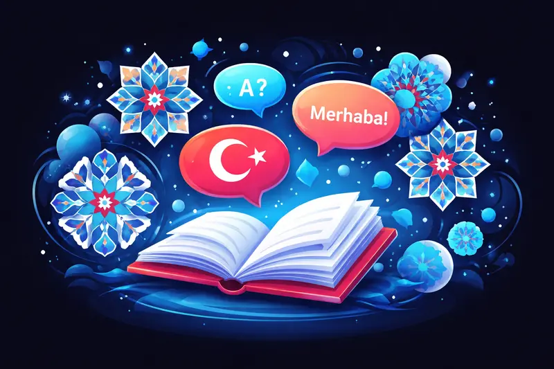 Türkisch lernen Tipps: Buch mit türkischen Mustern und Sprachblasen