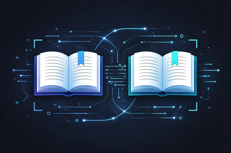 Zwei geöffnete Bücher nebeneinander mit verbindenden Linien als Sinnbild für den Werkvergleich