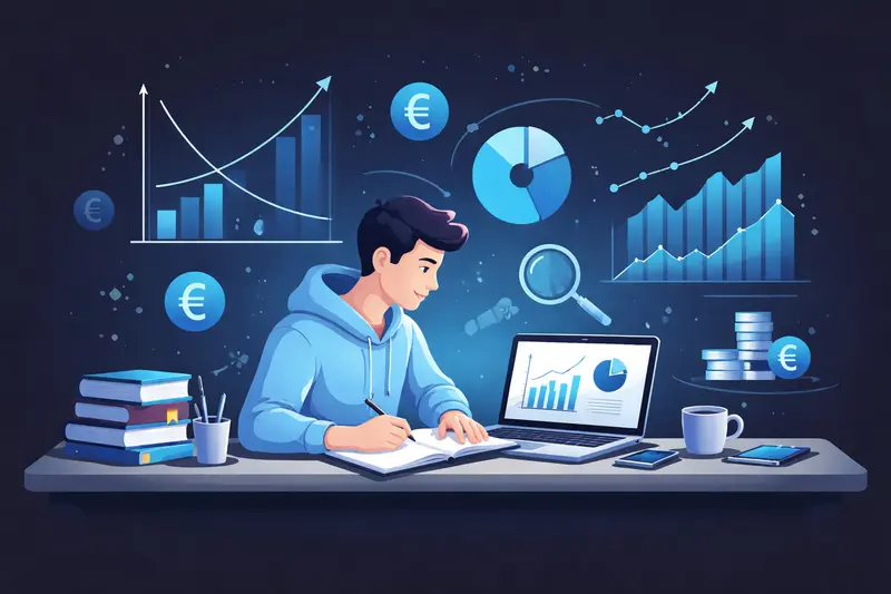 Wirtschaft lernen: Schüler mit Wirtschaftsdiagrammen und Charts