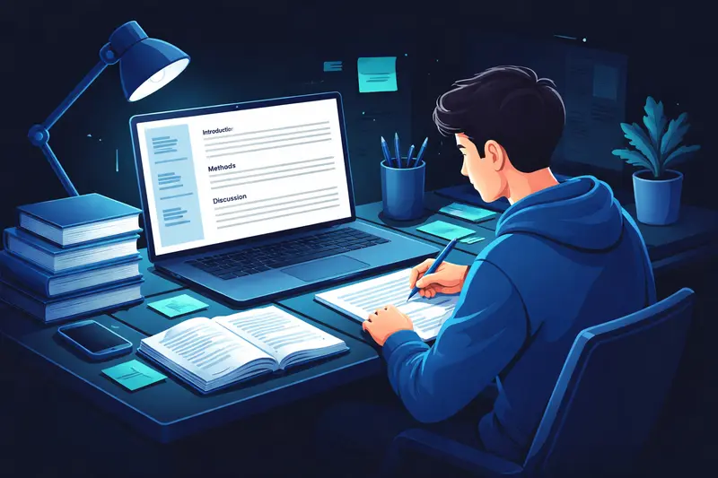 Student schreibt wissenschaftliche Hausarbeit am Schreibtisch mit strukturierten Notizen