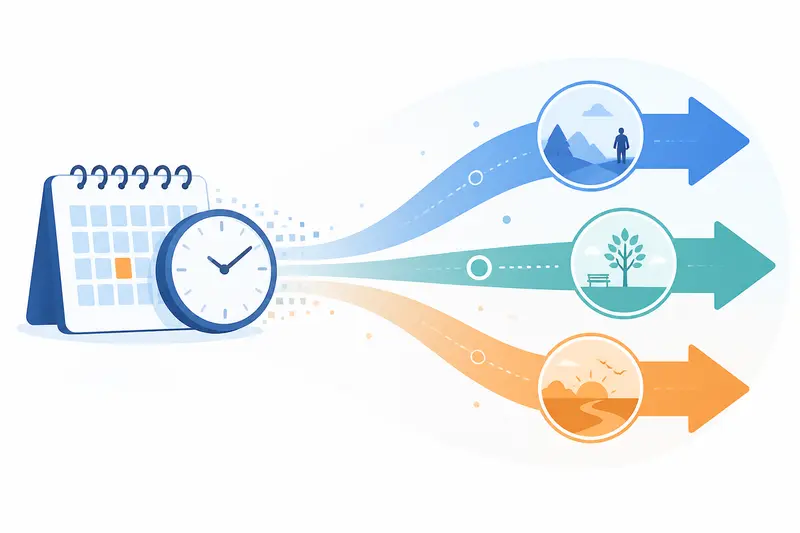 Illustration eines Kalenders und einer Uhr mit Zeitpfeilen als Symbol für die deutschen Zeitformen