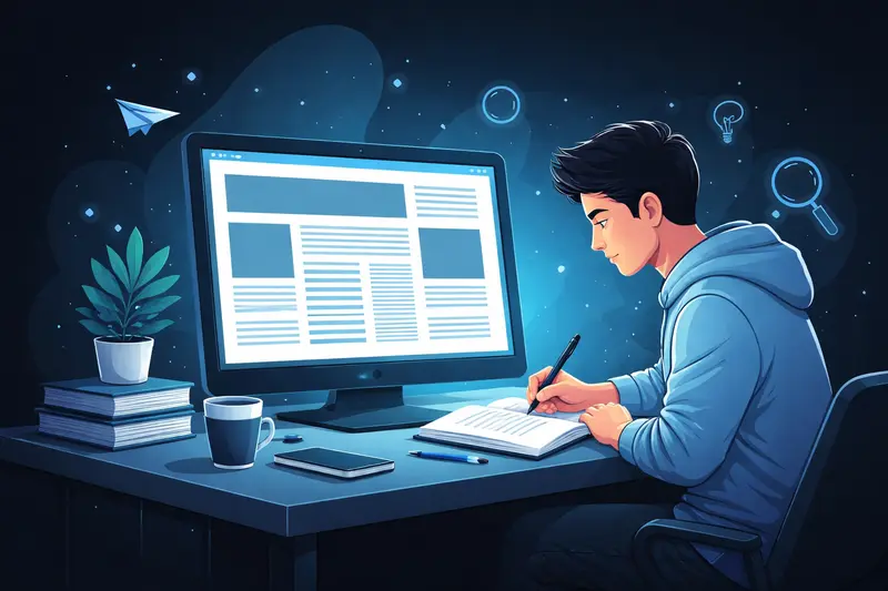 Schüler schreibt einen Zeitungsartikel am Laptop mit Aufbau und W-Fragen-Schema