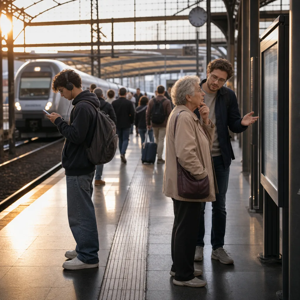 Bahnhofsszene: Ein Jugendlicher schaut auf sein Smartphone, während eine ältere Person Hilfe am Fahrplan erhält.