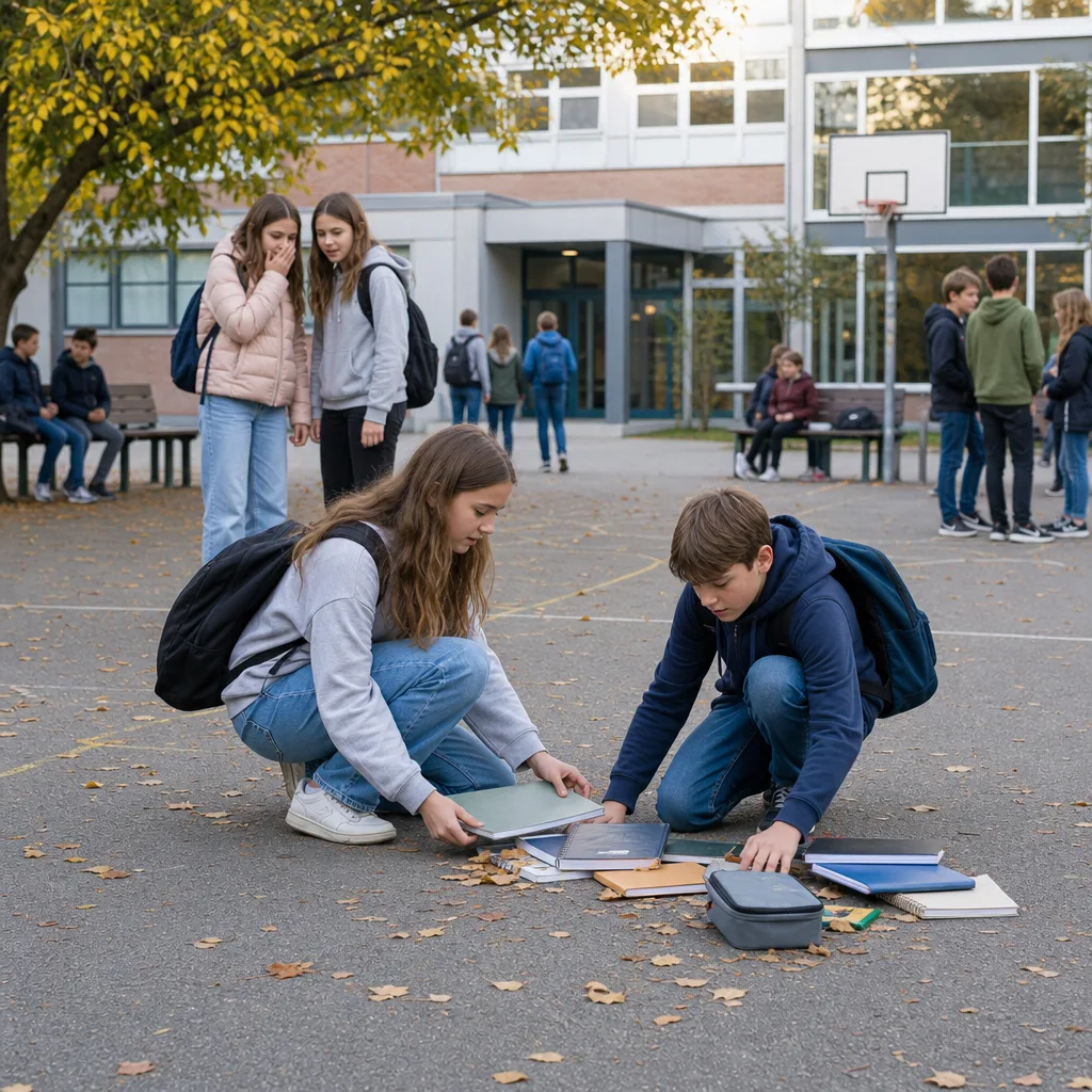 Schulhofszene: Zwei Jugendliche helfen beim Aufheben von Schulsachen, während andere im Hintergrund zusehen.
